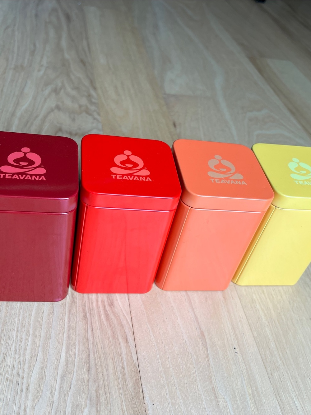 Teavana Metal Tea Canister Set in Maroon, Red, Coral, Yellow